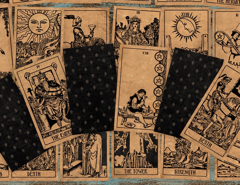 May include: A vintage tarot card deck with images of the Emperor, Death, Strength, The Tower, The Hermit, and The Sun. The cards are printed on brown paper with black ink and have a worn, antique look.