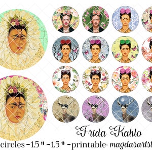 May include: 56 printable circles featuring Frida Kahlo, each measuring 1.5 inches in diameter. The circles feature various images of Frida Kahlo, including portraits, flowers, and a deer. The text "Frida Kahlo" is written in cursive at the bottom of the image.