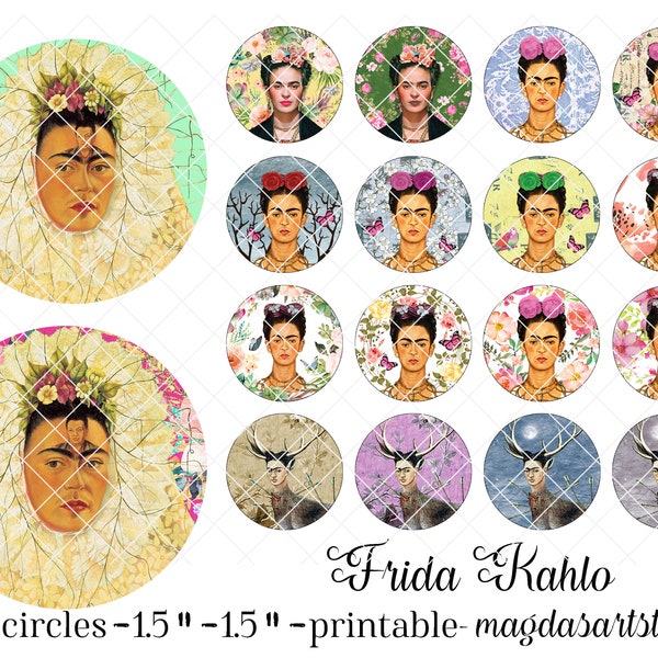 Circles 1.5", circle 38.1 mm, Frida Kahlo, collage sheet, art , jewelry, pendants, pin button, bottle caps, printable, instant download