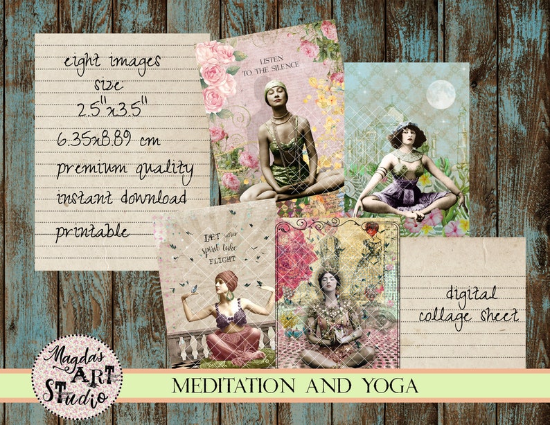digital collage sheet vintage meditation ACEO printable vintage yoga instant download Yoga and Meditation ATC digital cards E31