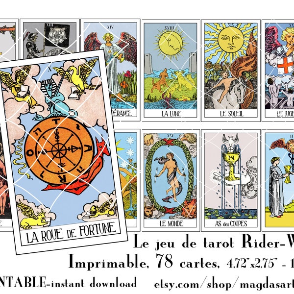 Le jeu de tarot Rider-Waite,  imprimable, 78 cartes, taille réelle, jeu de divination, jeu d'oracle, téléchargement immédiat