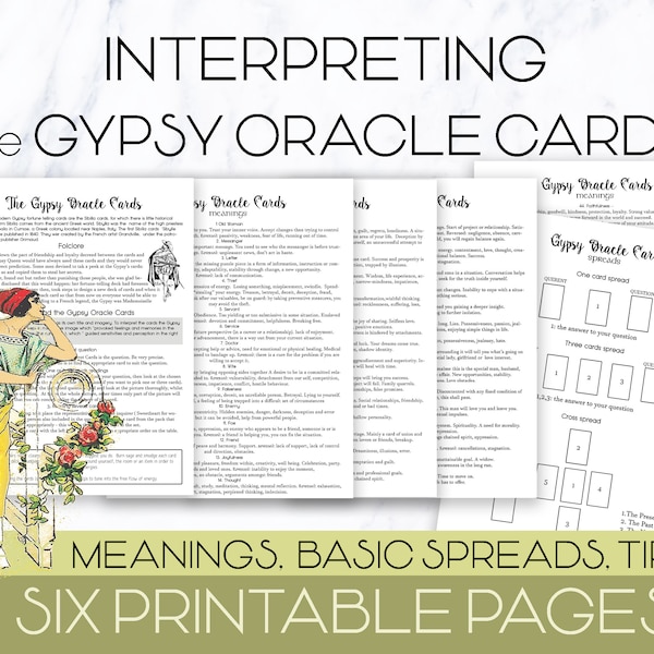 Cartes oracle gitanes, imprimables, significations, spreads, comment lire, Sibylle de la Bohémienne, divination, lecture de carte téléchargement instantané