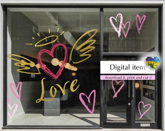 Valentijnsdag engel, vleugels en harten / stickerontwerp / vinyl showcase etalage / zakelijke sticker