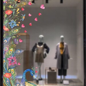 You will always be my Valentines. The Paradise birds vinyl decals. Watercolour pattern flowers, floral decoration. Business decoration, window cling for retail store, allestimento vetrine estive, schaufenster aufkleber bunt. Flower sticker, greenery colourful window