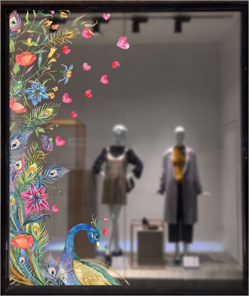 You will always be my Valentines. The Paradise birds vinyl decals. Watercolour pattern flowers, floral decoration. Business decoration, window cling for retail store, allestimento vetrine estive, schaufenster aufkleber bunt. Flower sticker, greenery colourful window