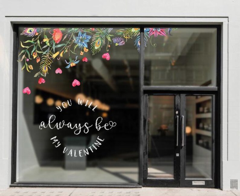 You will always be my Valentines. The Paradise birds vinyl decals. Watercolour pattern flowers, floral decoration. Business decoration, window cling for retail store, allestimento vetrine estive, schaufenster aufkleber bunt