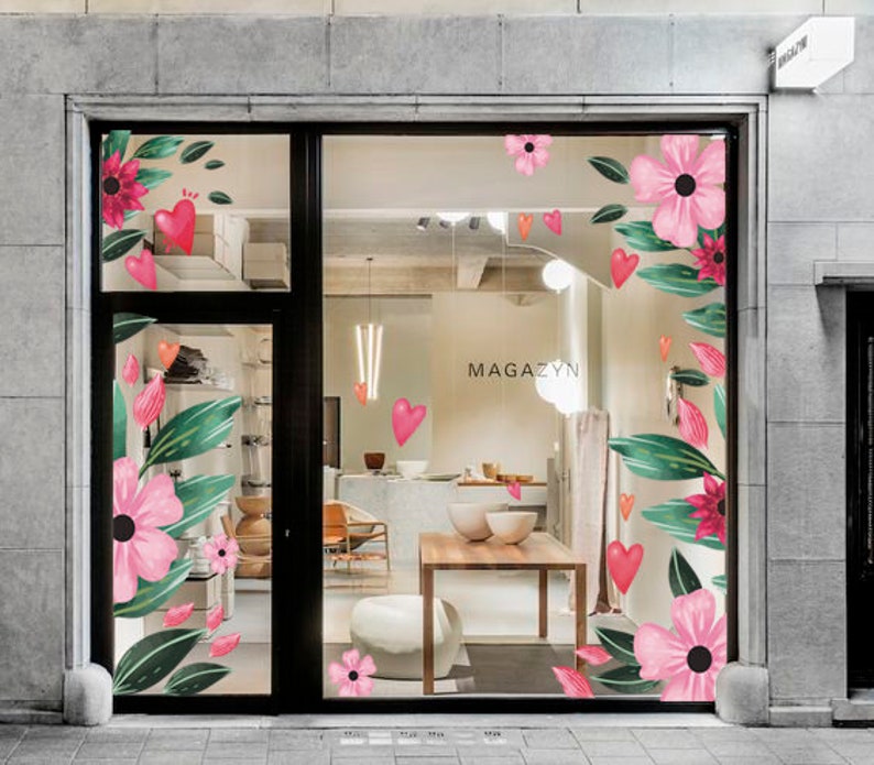 Pink Heart Window Floral Pink Heart Window Decal Design – Romantic Valentine & Spring ...