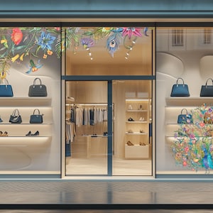 The Bags and Accessories store, boutique. Firmenschild klebefolie. Large window. Spring summer prop, 	valentines,	women store decoration by vinyl decals,	paradise bird, 	fenster folie werbung, shop dressing	window decal for business,	fashion boutique display, merchandising,	signage	Vinyl Sticker for Storefront, business branding sticker, professional storefront, dior style watercolor,  illustration colorful stickerpack, digital item, instant download, spring vinyl window, schaufenster dekoration