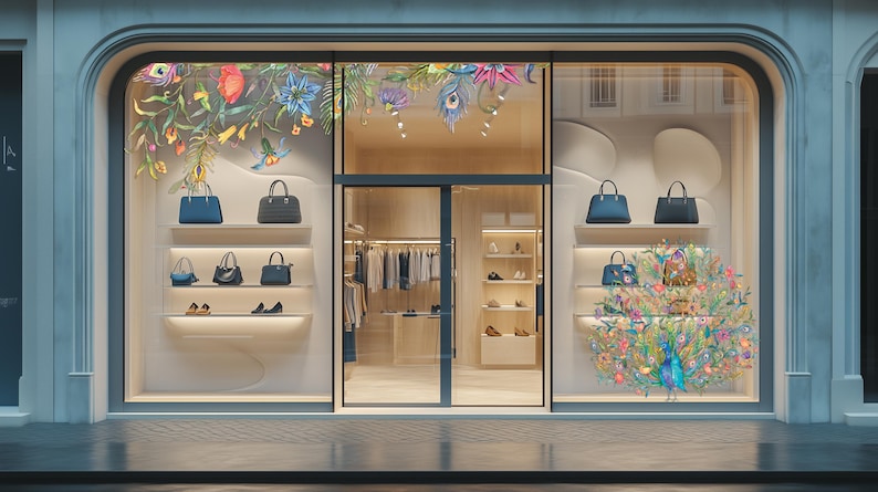 The Bags and Accessories store, boutique. Firmenschild klebefolie. Large window. Spring summer prop, 	valentines,	women store decoration by vinyl decals,	paradise bird, 	fenster folie werbung, shop dressing	window decal for business,	fashion boutique display, merchandising,	signage	Vinyl Sticker for Storefront, business branding sticker, professional storefront, dior style watercolor,  illustration colorful stickerpack, digital item, instant download, spring vinyl window, schaufenster dekoration