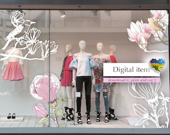 Magnólia de flor, estilo de contornos e design de adesivo/decalque de pássaros, vitrine de vinil, adesivos de vinil para empresas, download instantâneo rosa