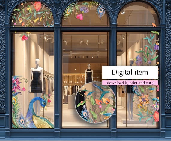 Peacock & Eden Flowers Window Decal / Valentine's Boutique Decor (Digital Download) / watercolour Paradise birds