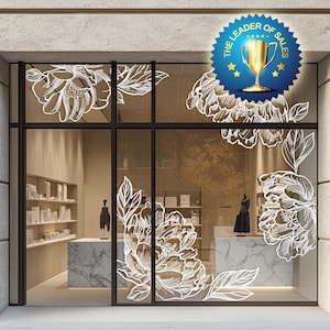White peonies, floral vinyl decal, Boutique Storefront decor shop Window display design, cafe, shop / line art graphic / Minimalistic