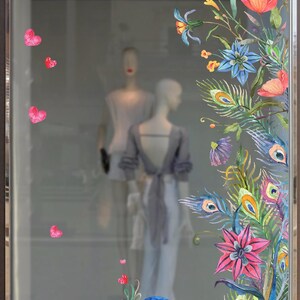 feminine floral window decoration, You will always be my Valentines. The Paradise birds vinyl decals. Watercolour pattern flowers, floral decoration. Business decoration, window cling for retail store, allestimento vetrine estive, schaufenster aufkleber bunt