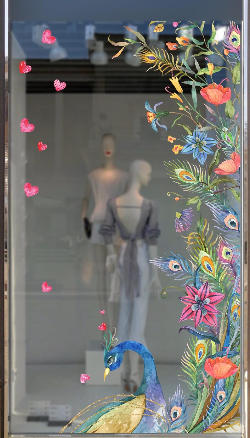 feminine floral window decoration, You will always be my Valentines. The Paradise birds vinyl decals. Watercolour pattern flowers, floral decoration. Business decoration, window cling for retail store, allestimento vetrine estive, schaufenster aufkleber bunt