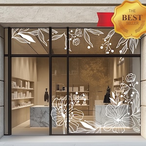 Сontour outline flowers and leaves, floral monogram window frame, Botanical white, gold stickers / Great For Shop, Boutique Fronts, showcase