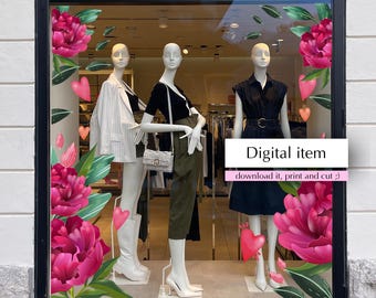 Adesivo de janela com estampa floral de peônias e corações - Adesivos românticos para vitrines comerciais (Download digital)