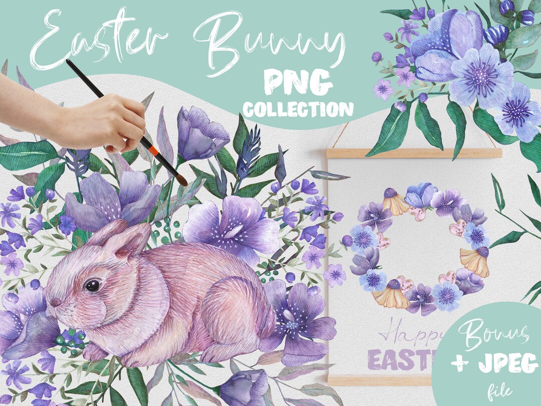 Easter Bunny and Spring Flowers Clipart, Hand Drawn Baby Rabbit PNG ...
