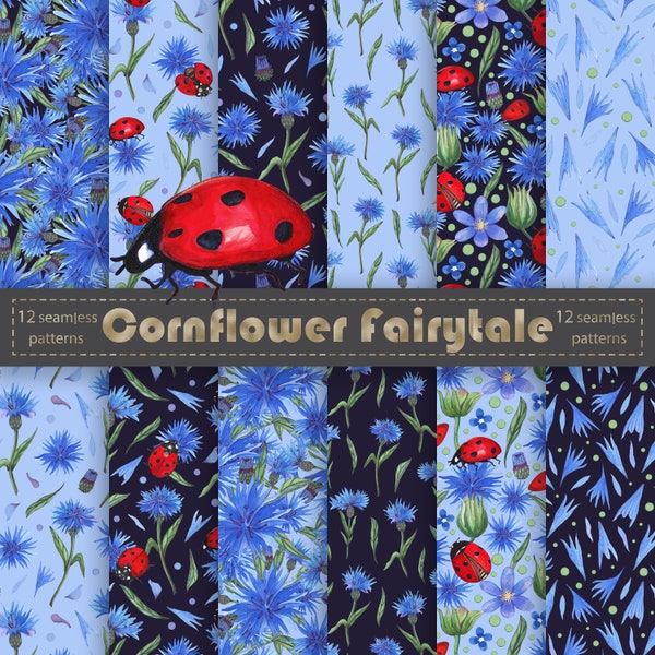 Cornflowers Digital Paper, Ladybugs Printable Paper, cornflower seamless pattern, botanical scrapbook paper, ladybug pattern, commercial use