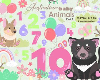 Australian Baby Animals Clipart, Kangaroo Graphics, Tasmanian devil clip art, baby girl age number cards, printable number