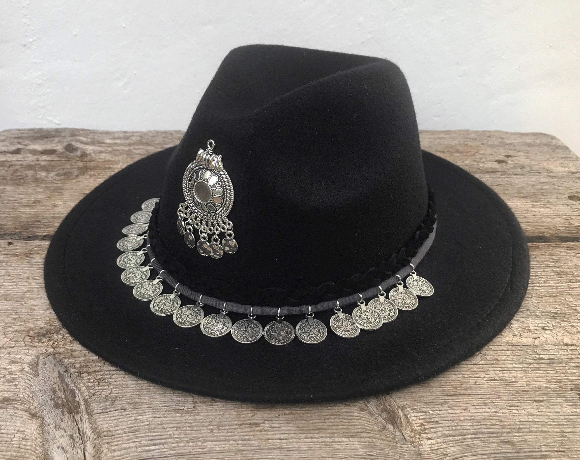 Zigeuner zwarte hoed. Festivalhoed. Boho hoed met munten. | Etsy Nederland