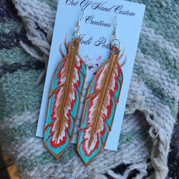 Tooled leather feather earrings