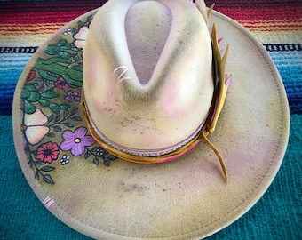 Distressed Rancher Style Custom Hat, Tooled Leather Western Feather.