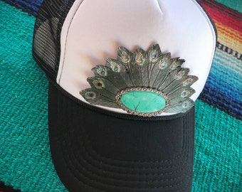 Tooled Leather Painted Peacock Feather and Leather Turquoise Trucker Hat.