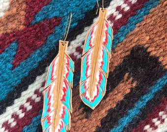 Tooled leather feather earrings