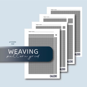 Puede incluir: Conjunto de cuatro cuadrículas de patrones de tejido imprimibles con el texto "WEAVING pattern grid" y "CALEDO" en la parte inferior de cada cuadrícula.