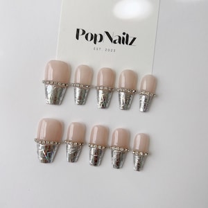 Silver Foil Rhinestone Press On Nails – Glam 3D Handmade Nail Set | Reusable Short Coffin Nails | Elegant Metallic Nails for Event and Party