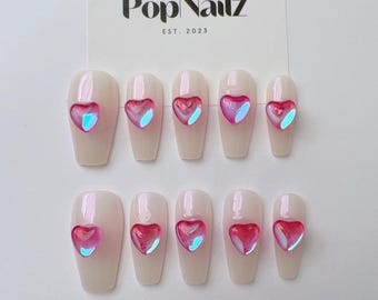 Pink Heart Press On Nails – Handmade Romantic Nail Set | Reusable Long Coffin Nails | Cute Valentine's Day Nail Art
