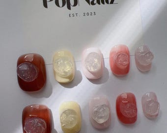 Multicolor 3D Press On Nails  – Handmade Artistic Nail Set | Reusable Short Coffin Nails | Bold Modern Nails for Statement Looks