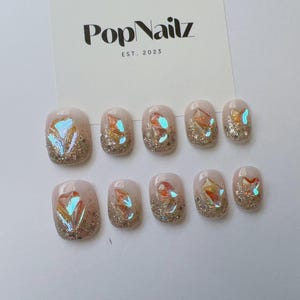 Glitter Ombré Press On Nails with Rhinestones – Handmade Glam Nail Set | Reusable Short Coffin Nails | Luxury Bridal & Party Nails