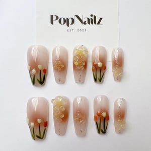 3D Floral Press On Nails – Handmade Soft Glam Nail Set | Reusable Coffin Nails | Romantic Nails for Bridal, Spring & Everyday Elegance