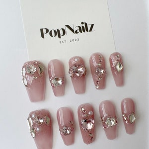 Pink Glitter Press On Nails with Rhinestones–Sparkly Handmade Nail Set | Reusable Coffin Nails | Soft Glam Nails for Birthday & Bridal Looks