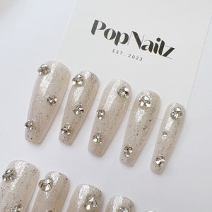 Sparkling Beige Press On Nails – Elegant Handmade Glitter Nail Set | Reusable Coffin Nails | Neutral Glam Nails for Everyday or Bridal Looks