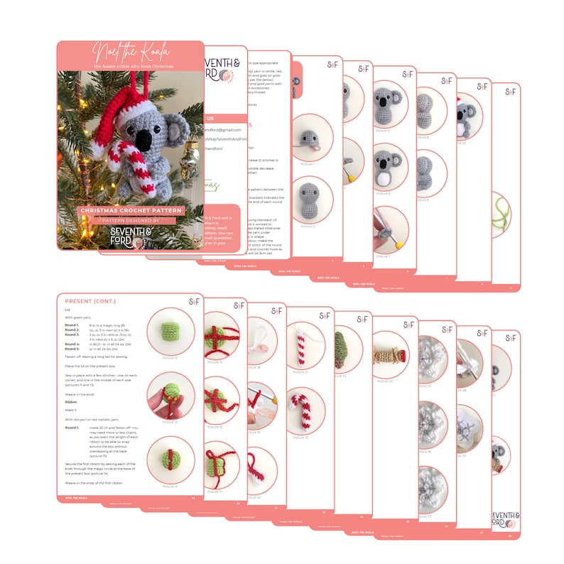 Picture shows partially hidden cascade of the Christmas koala crochet pattern to show how many pages it has