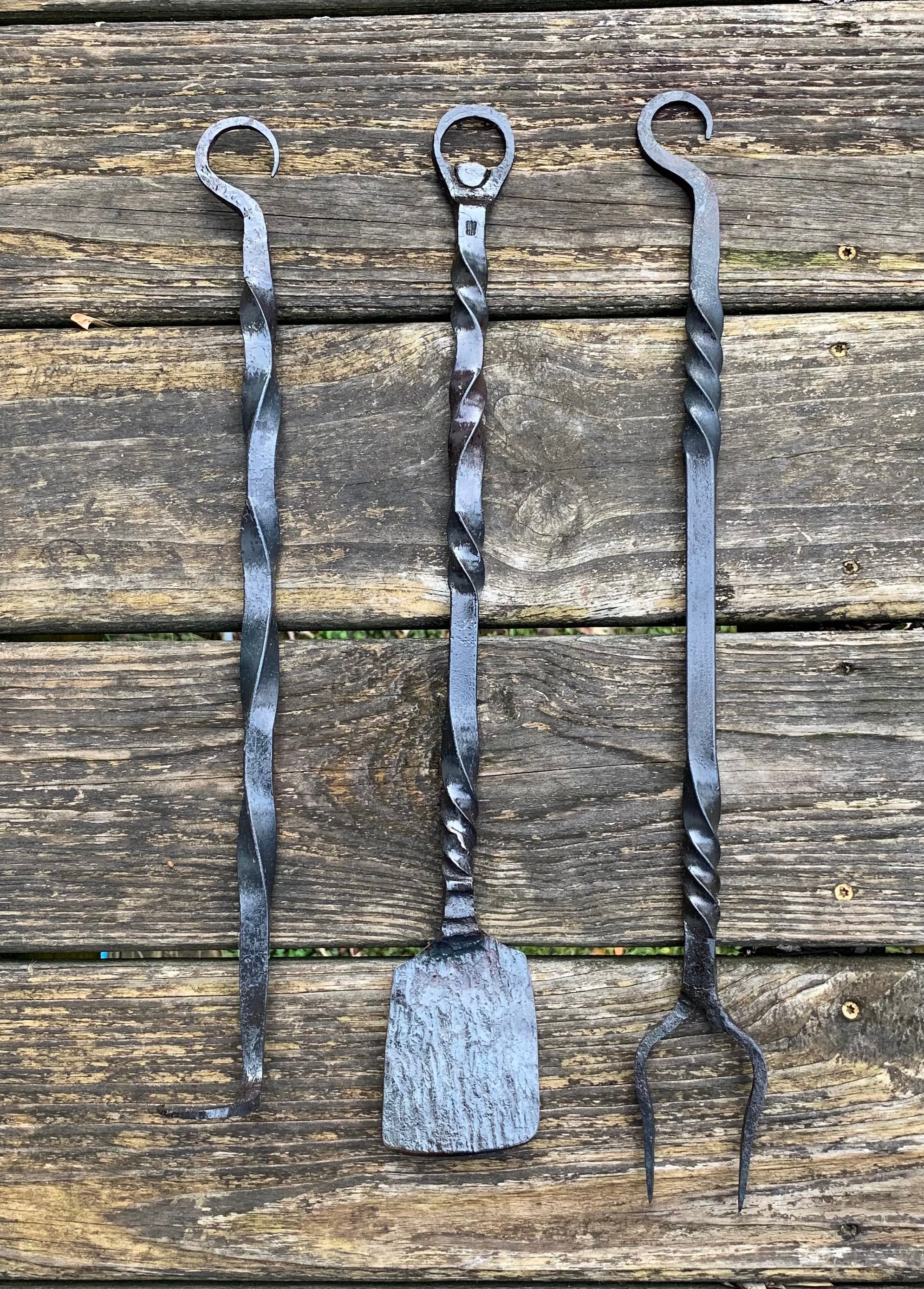 Hand Forged 4 Piece Grill Tool Set. Spatula W/ Bottle Opener,bbq Fork,meat  Turner, and Tongs. Spatulas Are Around 3 1/2 Wide 