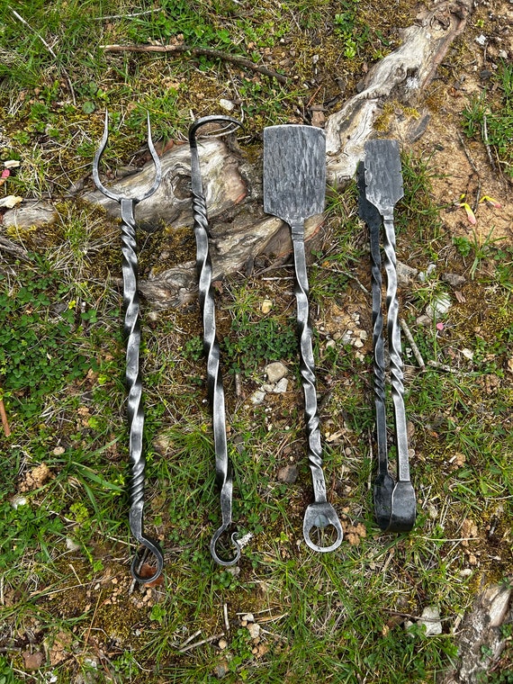 Hand Forged 4 Piece Grill Tool Set. Spatula W/ Bottle Opener,bbq Fork,meat  Turner, and Tongs. Spatulas Are Around 3 1/2 Wide 