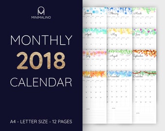 Monthly planner 2018, monthly calendar, year calendar 2018, printable planner, printable calendar, pdf, a4, letter size, illustration