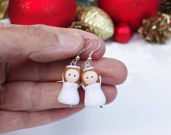 Pendientes de ángel, pendientes de Navidad, regalos de Navidad, regalo de ángel, regalo de vacaciones, ángel blanco, joyería para niños, regalo de cumpleaños