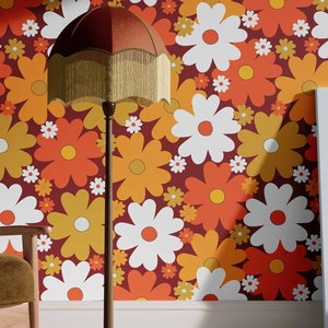 Pretty 70s Pattern Wallpaper |  Removable self Adhesive  |  Large Yellow Orange Brown White Flowers  |  Large Floral Pattern