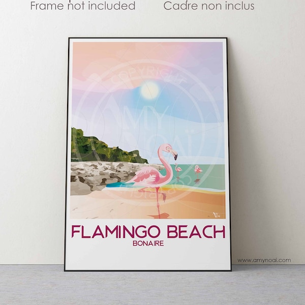 BONAIRE design2-  1 Travel Poster print, Flamingo beach, Caribbean west indies wall art,Impression,souvenir of paradise turquoise beach