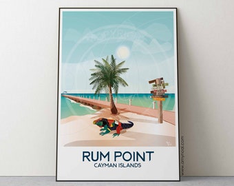 CAYMAN Islands design 1-  1 Travel Poster print of Rum Point Beach, Grand Cayman, West indies wall art