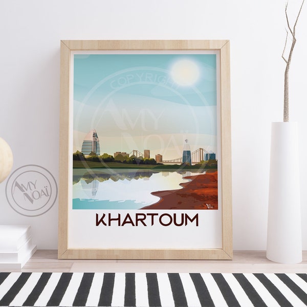 SOEDAN 1-Travel poster poster, Khartoem, skyline, modern stad panorama, wolkenkrabber, landschap, Noordoost-Afrika, Print, muur decor