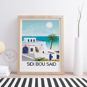 TUNISIE 3-Affiche poster voyage,Sidi Bou Saïd,Impression décor mural,Carte,Afrique nord,falaise Carthage,golfe de Tunis,patrimoine mondial
