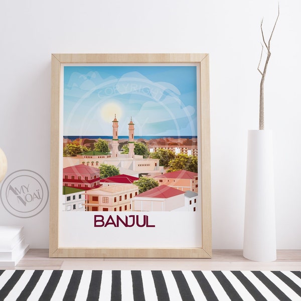 GAMBIA 1-Travel Poster Poster,Banjul Panoramablick,King Fahad Moschee,Seelandschaft,Afrika,Wanddekor Druck,Karte,Digitale Kunst