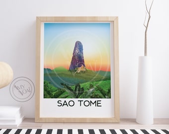 SAO TOME et PRINCIPE number 2- 1 Africa poster poster, Pico Cão Grande, island, Decor Wall art, Travel print, Boho, gift idea