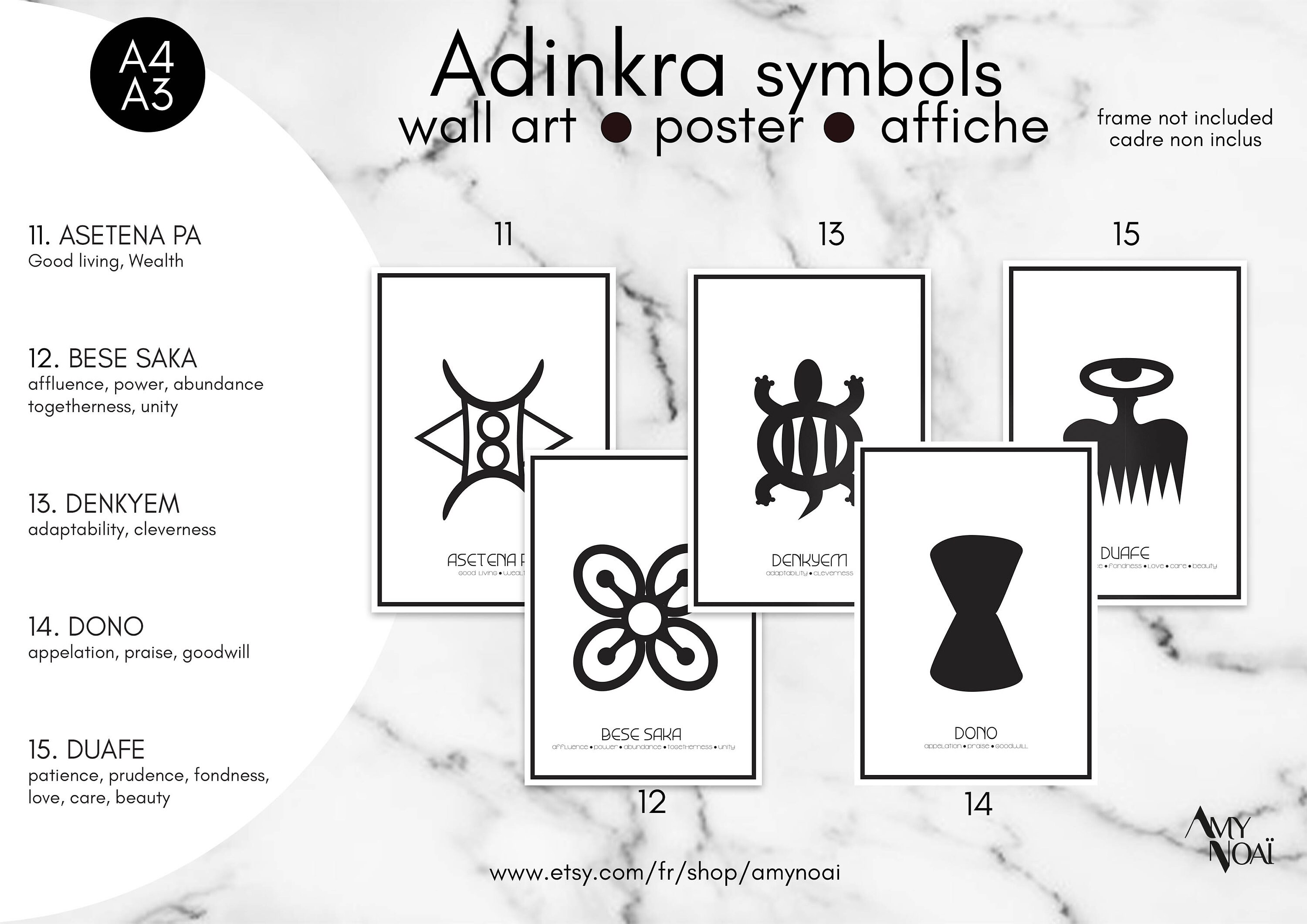 Poster Adinkra Symbol Africain, Affiche Wall Art Ghana Akan Baoulé Asetena Bese Denkyem Dono Duafe D