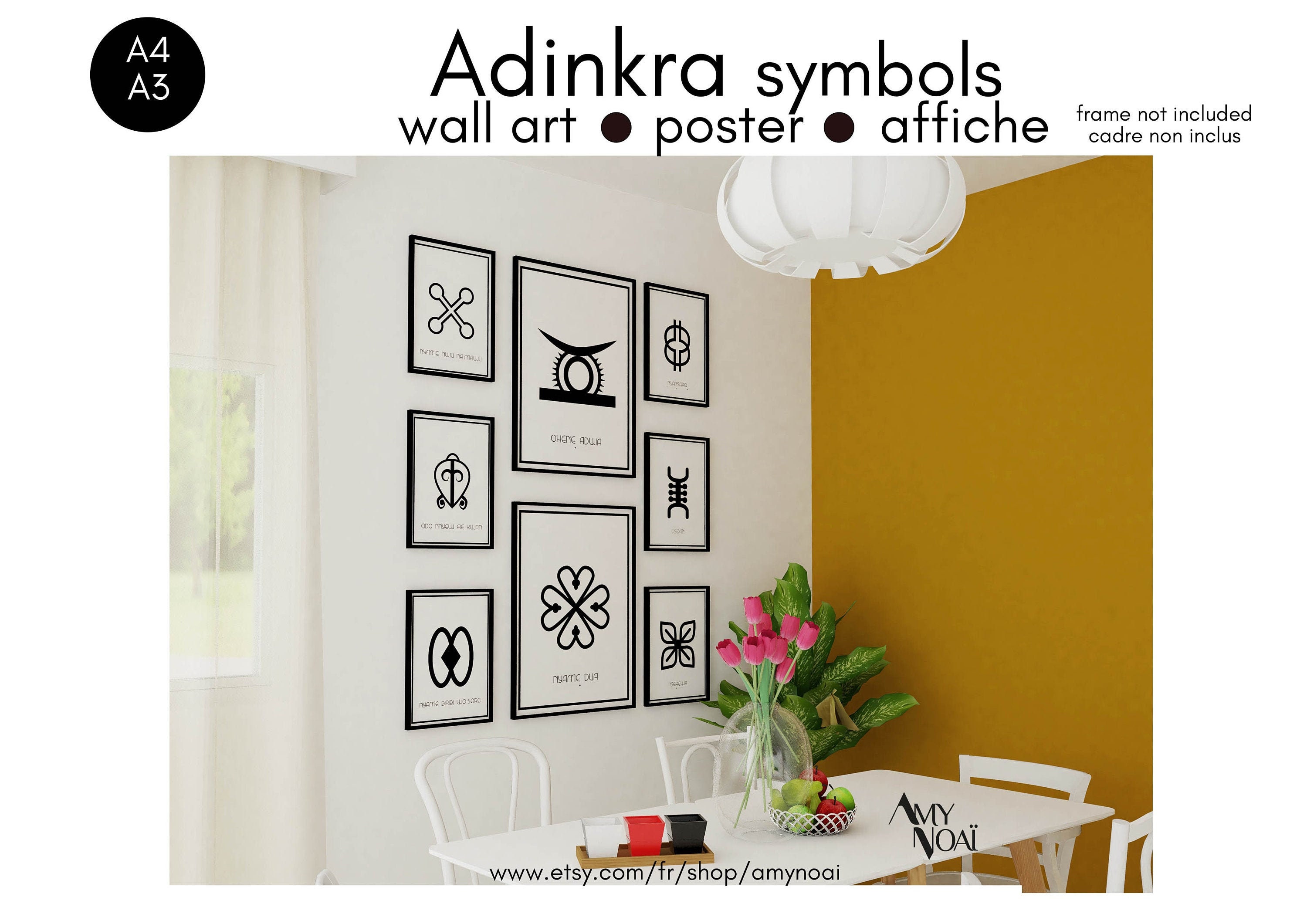 Poster Adinkra Symbol Africain, Affiche Wall Art Ghana Akan Baoulé Nyame Nwu Na Mawu Nyansapo Odo Nn